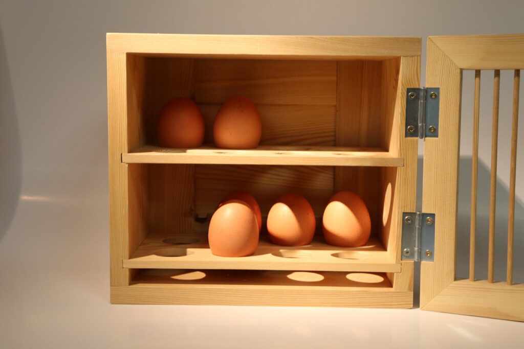 Fertiger Eierkasten bei geöffneter Tür